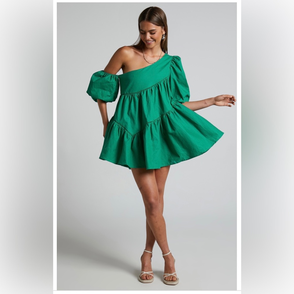 SHOWPO HARLEEN MINI DRESS - ASYMMETRICAL TRIM PUFF SLEEVE DRESS IN GREEN